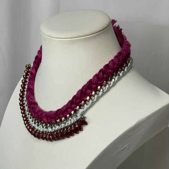 LOFT Ann Taylor statement necklace bohemian boho raspberry pink gray gold tone - Picture 3 of 15